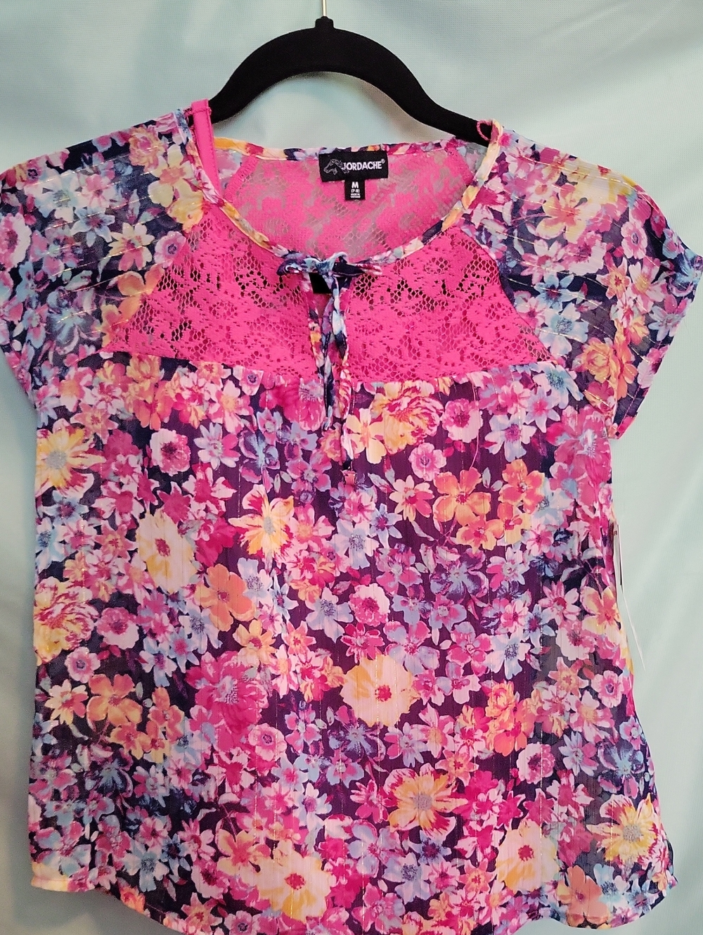 Jordache Pink Purple Multi Floral Lace Yoke Top